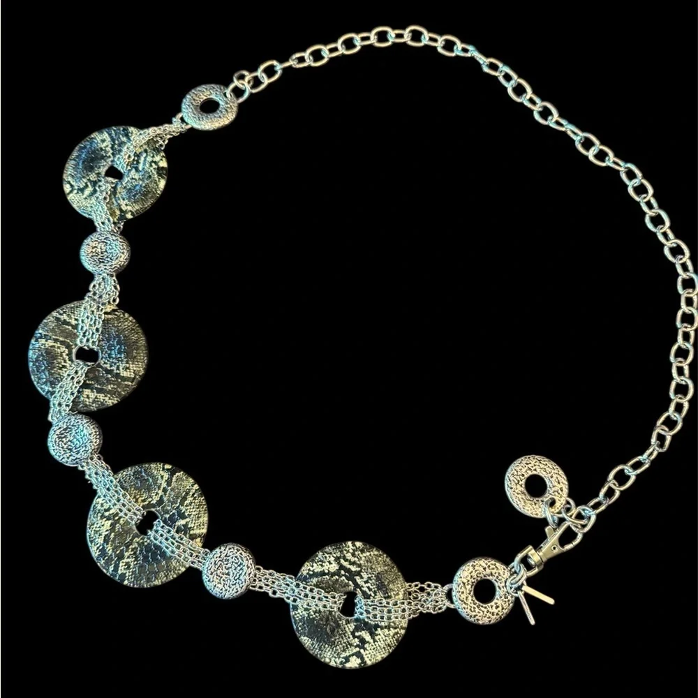 Chico's Silver Chain Snakeskin Statement Belt with Textured Discs